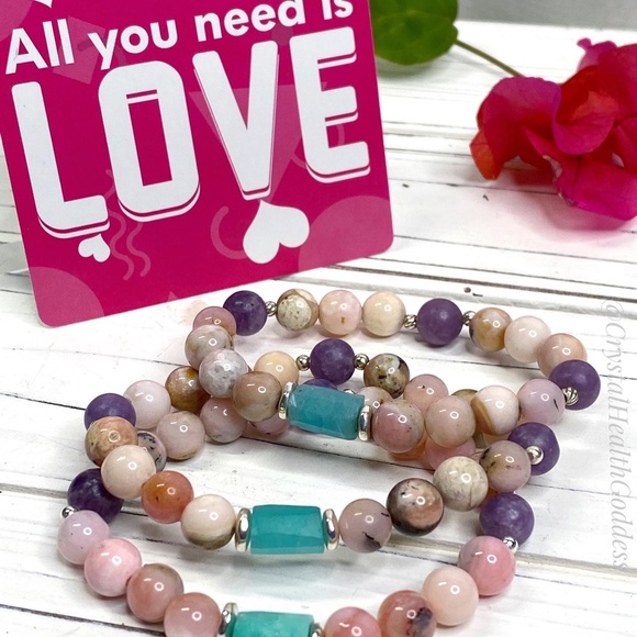 Peruvian Pink Opal Amazonite Lepidolite Bracelet - Picture 3 of 4